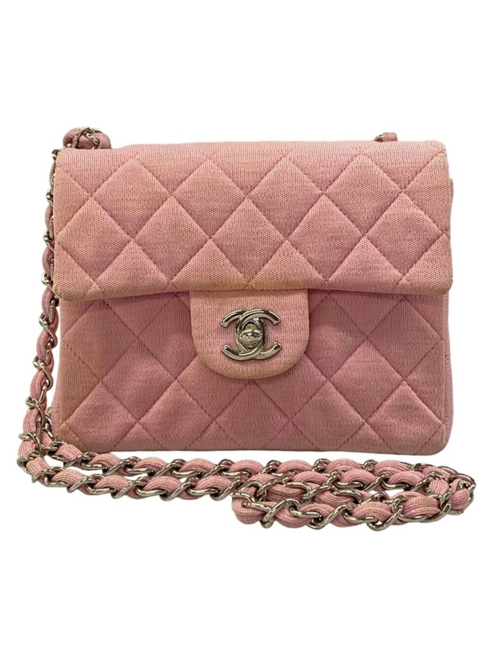 Chanel Shoulder Bag Mini Quilted Pink Silver Chain Cotton